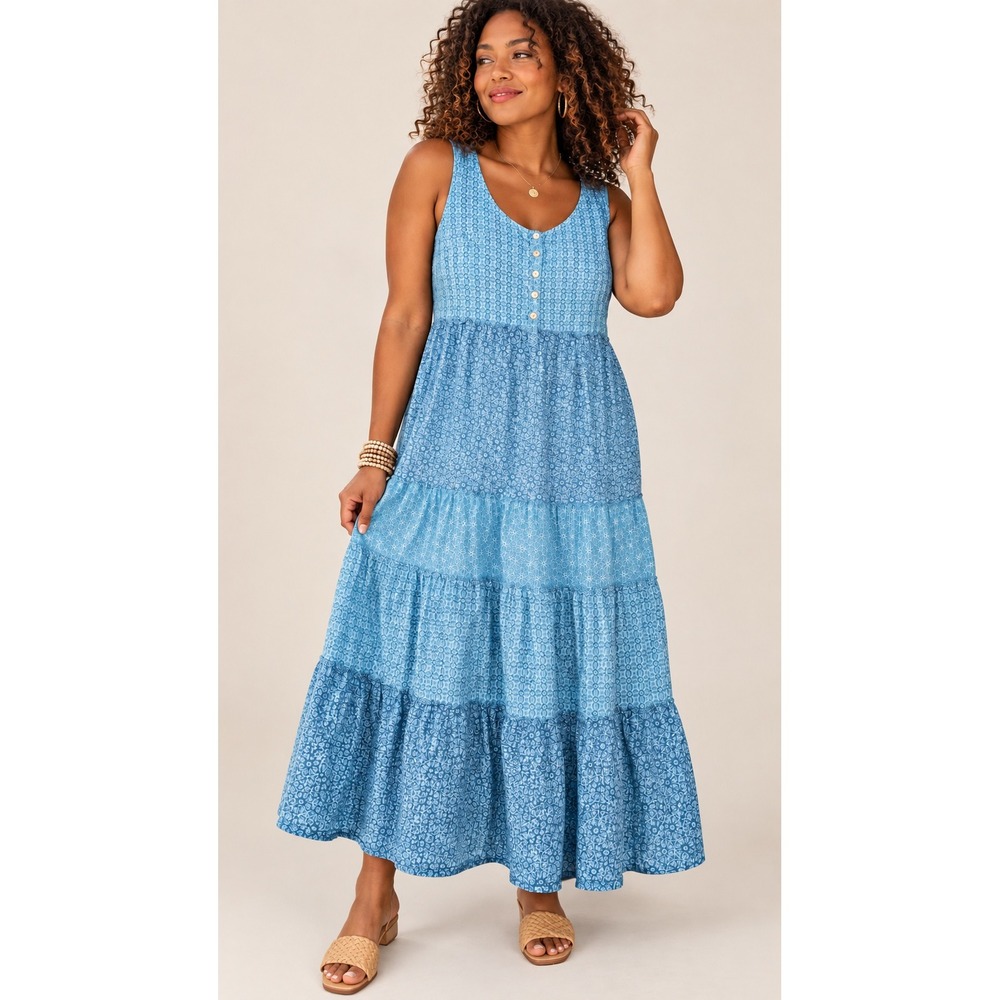 J. Jill Blue Cotton Tiered Maxi Dress Mediun Boho Mixed Print Sleeveless